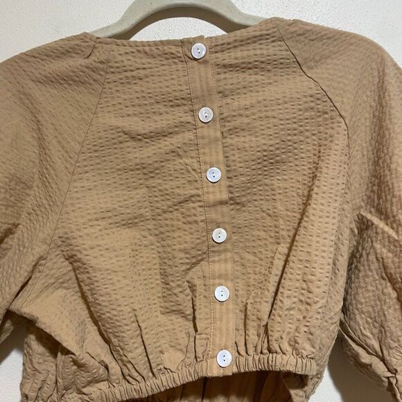 NEW Madewell Size M Seersucker Puff Sleeve Cutout Mini Dress Tan Button Back - Picture 12 of 14